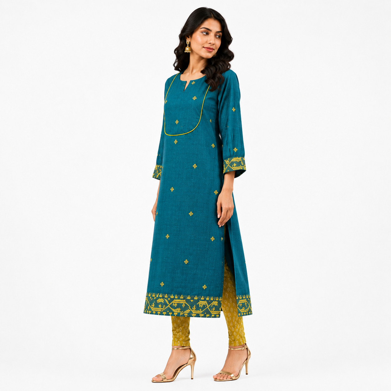 Teal Blue Cotton Jamdani Cotton Jacquard Dobby Border with U-Yoke Kurta