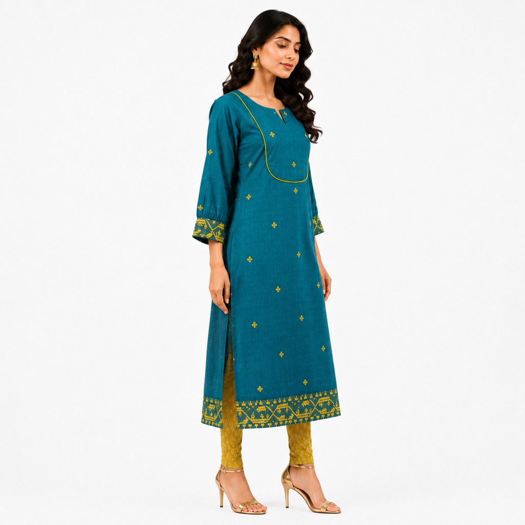 Teal Blue Cotton Jamdani Cotton Jacquard Dobby Border with U-Yoke Kurta