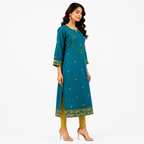 Teal Blue Cotton Jamdani Cotton Jacquard Dobby Border with U-Yoke Kurta