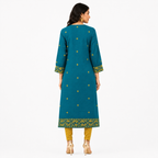 Teal Blue Cotton Jamdani Cotton Jacquard Dobby Border with U-Yoke Kurta