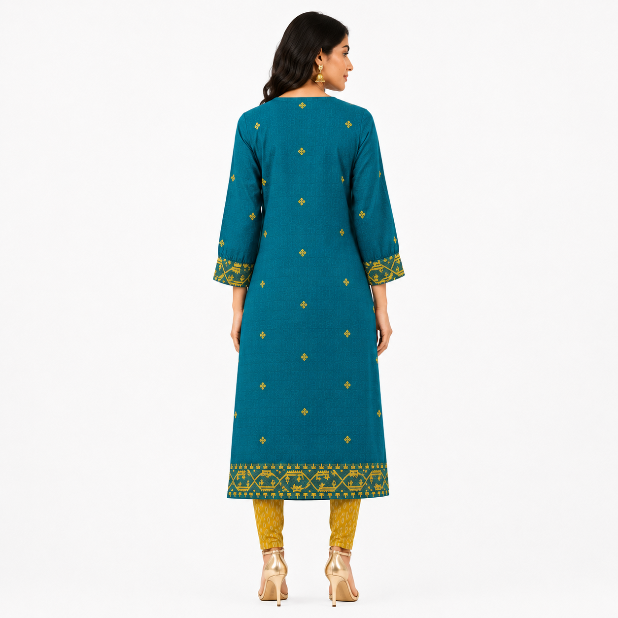 Teal Blue Cotton Jamdani Cotton Jacquard Dobby Border with U-Yoke Kurta