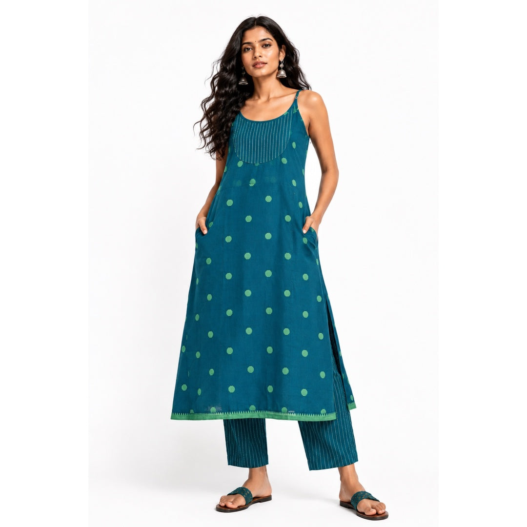 Wide Hem, Low Slit open Thin Strape Kurta with Pockets with a Matching Cig Pant - 2pcs Set