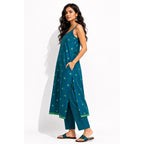 Wide Hem, Low Slit open Thin Strape Kurta with Pockets with a Matching Cig Pant - 2pcs Set
