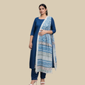 3 Pcs Set - Kurta with Pin tuck yoke Co-ords with Patiala Pants & Printed Linen Cotton Hand  Blocked Dupatta